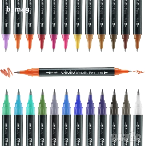 ✎Ohuhu Metallic Marker Pens маркери с два писеца тип четка и тънък писец, 24 металикови цвята