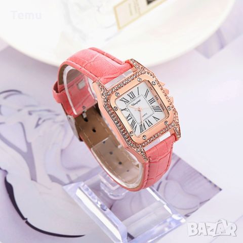 Дамски часовник с квадратен циферблат с камъни и кожена верижка бяло , червено , черно , розово, снимка 1 - Дамски - 45820429