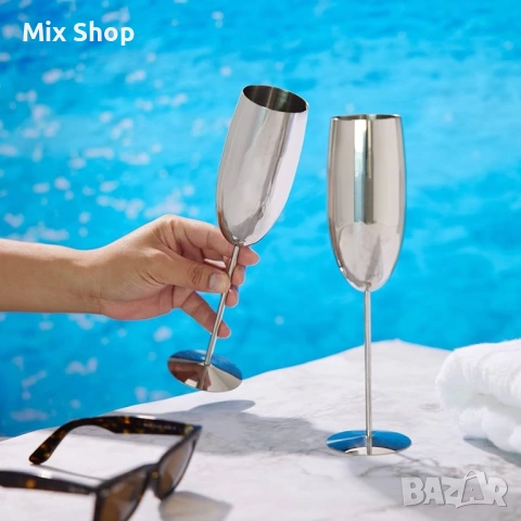 Нов комплект  4 сребърни чаши за шампанско от неръждаема стомана Oak & steel, снимка 4 - Други стоки за дома - 54238295