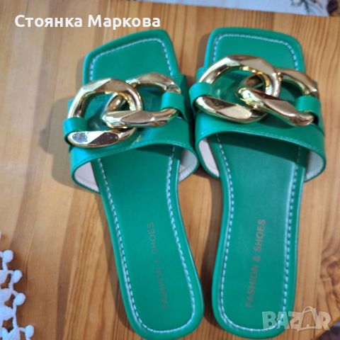 Зелени чехли със синджир,нови, снимка 1 - Чехли - 45993341