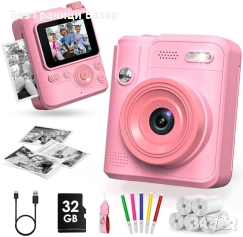 Нов фотопринтер Детска камера с моментен печат 1080P + 32GB + 5 ролки хартия