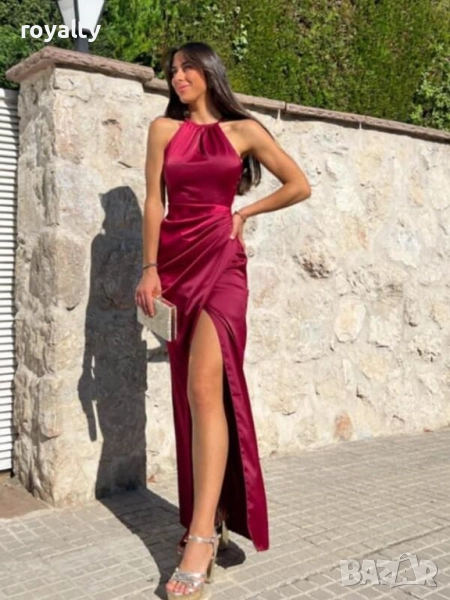 Официална дълга сатенена рокля в бордо, снимка 1