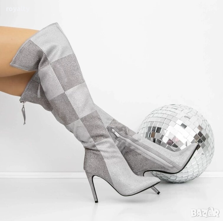 Ботуши на ток - сребристи с камъчета, снимка 1