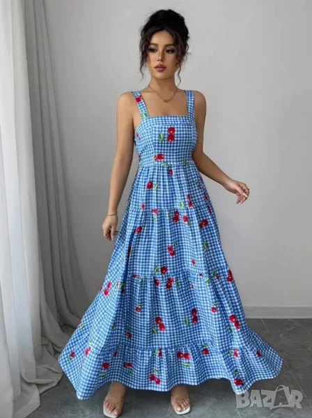 Дълга лятна рокля в синьо и бяло каре, с черешки, снимка 1