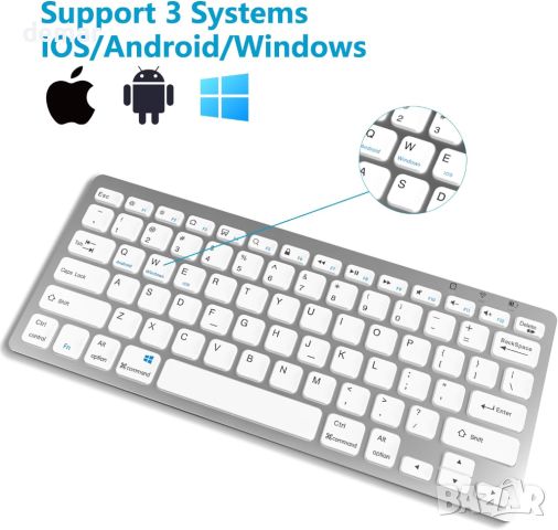 Безжична мини клавиатура, за IOS, Windows, Android (сребристо бяло), снимка 4 - Клавиатури и мишки - 45222637