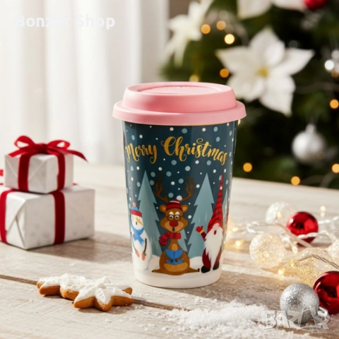 Порцеланова Коледна чаша със силиконов капак, снимка 3 - Чаши - 52478861