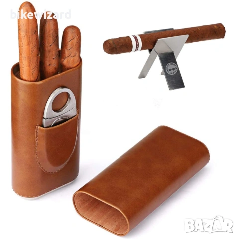 Комплект от 3 кутии за пури TIME C CLUB от кафява кожа с подплата от кедрово дърво  НОВО