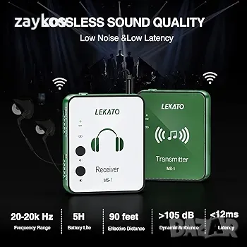 LEKATO Безжична система за монитор за поставяне в ушите, 2.4G стерео безжична IEM система, снимка 3 - Аудиосистеми - 50073399