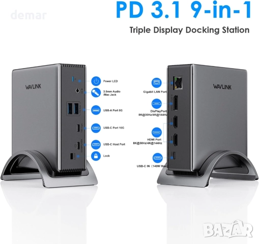 Докинг станция за лаптоп, WAVLINK PD3.1, 2*HDMI + DP, USB-C 10Gb, снимка 2 - Кабели и адаптери - 51453636
