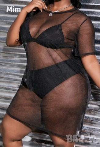 4XL Черна, ефирна, къса рокля с къс ръкав 