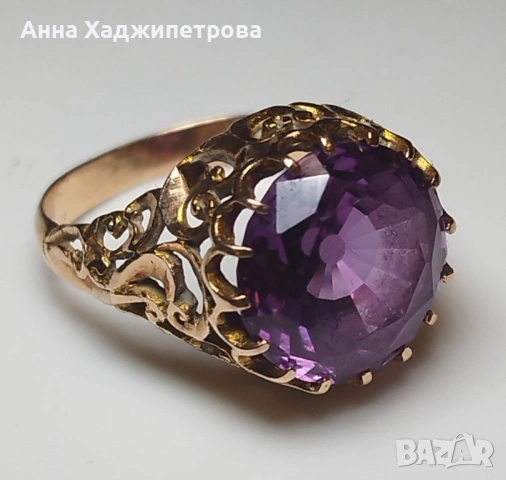 Златен пръстен с аметист, снимка 5 - Пръстени - 54276134