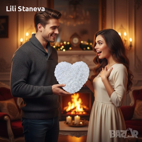 Декоративно сърце от изкуствени рози в подаръчна кутия. 