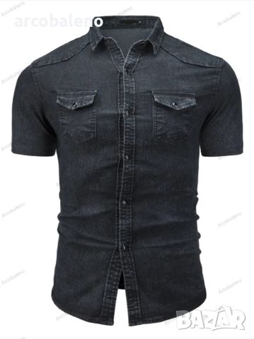 Нова мъжка едноцветна дънкова риза с джобове и къс ръкав, 4цвята , снимка 5 - Ризи - 46446257