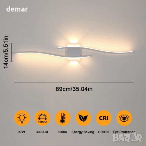 Красива модерна LED стенна вътрешна лампа, 27W LED топло бяло 3000K, 5,5 * 14 * 89 cm, черна ; бяла, снимка 4 - Лед осветление - 46448643