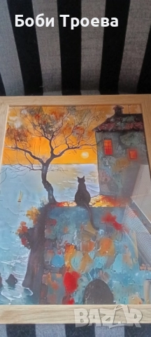 Ретро и съвременно платно - Изкуство "Черна котка и изгрев" с ярки оранжеви листа,, снимка 4 - Картини - 51995604