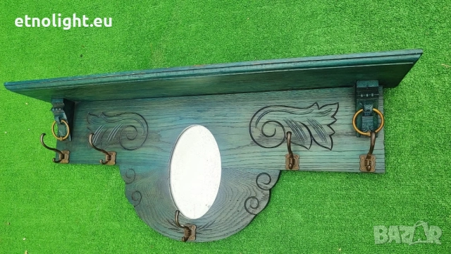 Красива старинна, антикварна, дървена закачалка с рафт, огледало и дърворезба , снимка 2 - Закачалки - 52041454