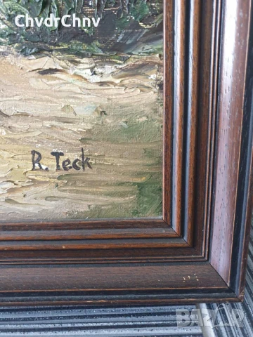 Teck 69х59см/стара картина масло върху платно/пейзаж-кула-градина/дървена рамка, снимка 10 - Картини - 51358094