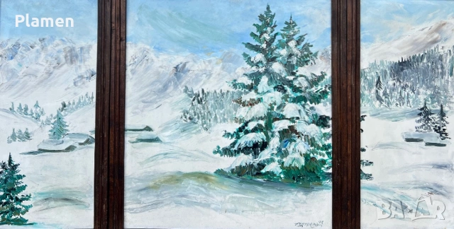 УНИКАТ ТРИПТИХ КАРТИНА АКСИНИЯ ДЖУРОВА 1992 Г. ЗИМЕН ПЕЙЗАЖ МАСЛО, снимка 2 - Картини - 54148211