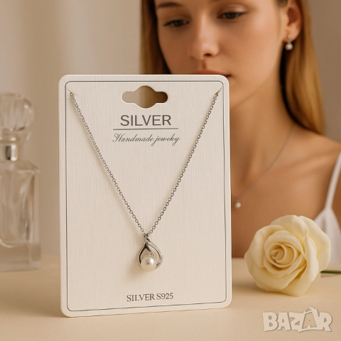 Елегантно сребърно колие с перлена висулка, снимка 6 - Колиета, медальони, синджири - 51926428