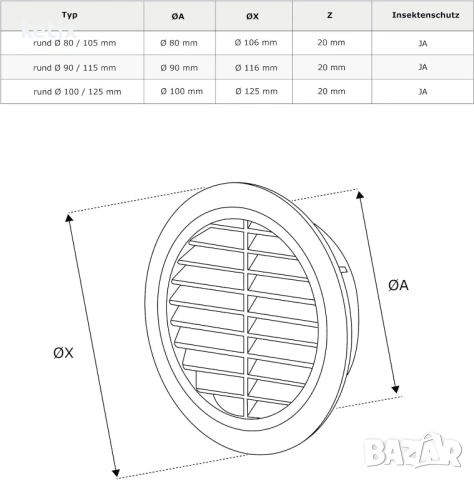 Вентилационна решетка с мрежа, Ø 80 / 105 мм, снимка 3 - Други - 53793924