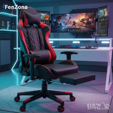 Ергономичен геймърски стол с функция за масаж и подложка за крака - червен