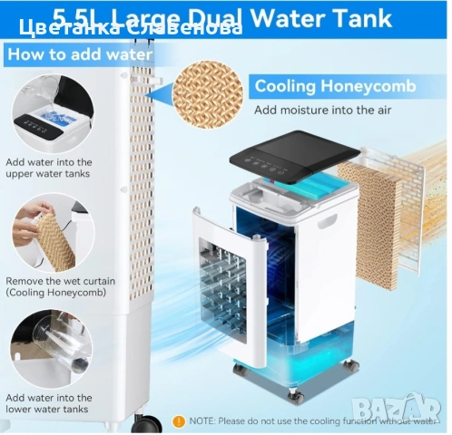 3 в 1 Охладител за въздух, овлажнител и вентилатор.Изпарителен вентилатор 60 W , резервоар 5,5 л, снимка 6 - Климатици - 53324337