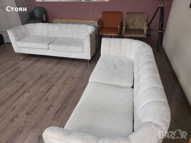 Кремав комплект дивани от плат две тройки, снимка 4 - Дивани и мека мебел - 53757076