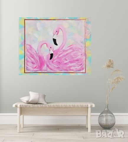 Ръчно рисувана картина Flamingo love, снимка 2 - Картини - 46744539