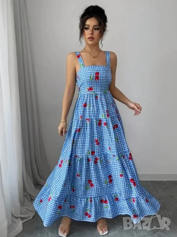 Дълга лятна рокля в синьо и бяло каре, с черешки, снимка 1