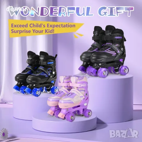 LOKJIJI Детски ролкови кънки, регулируеми 4 размера 36-40, светещи колела, четворни, черно и лилаво, снимка 7 - Ролери, кънки - 49334995
