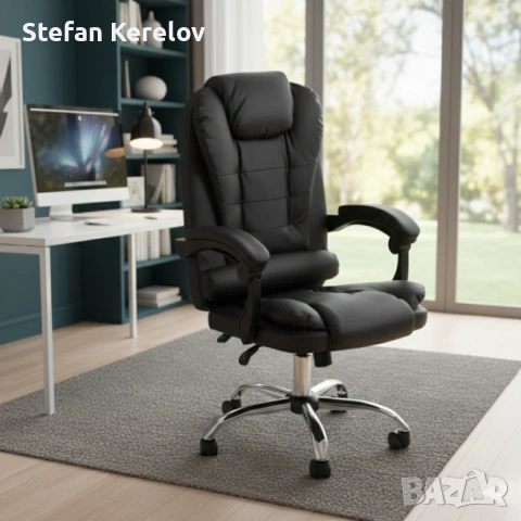 Ергономичен офис стол с лумбална опора от еко кожа в черен цвят – комфорт за дълги часове без болки 