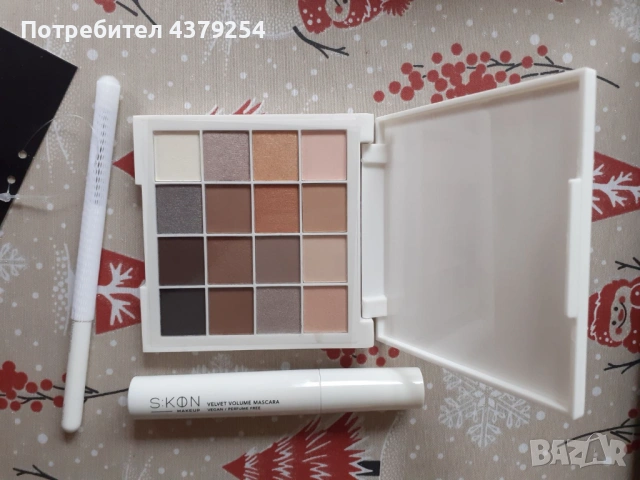 Комплект нови палитра сенки, спирала и четка Skon