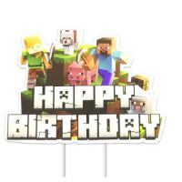 Happy Birthday Minecraft Майнкрафт картонен топер табела надпис украса за торта рожден ден парти, снимка 1 - Други - 45555201