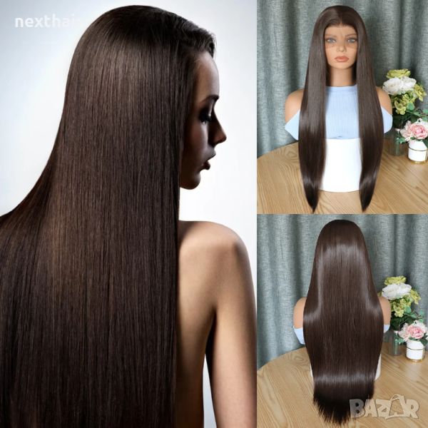 Кафява права лейс фронт перука Lace front 70 см, снимка 1