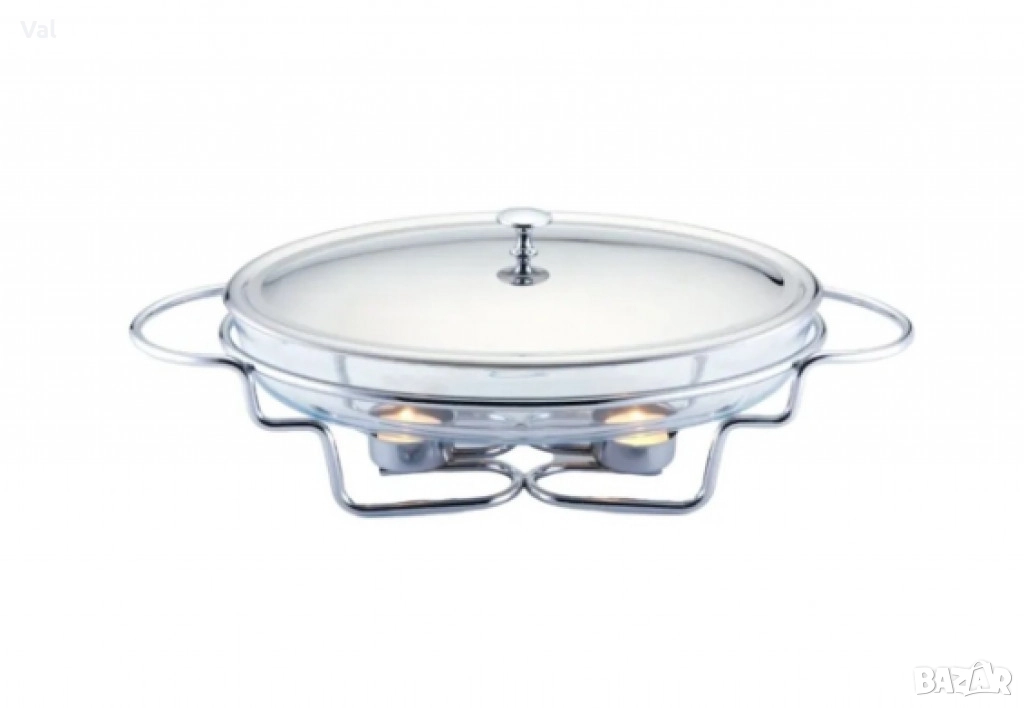 Съд за затопляне Bohmann, 3л овал, две свещи, стоманен капак, стъкло, инокс, снимка 1