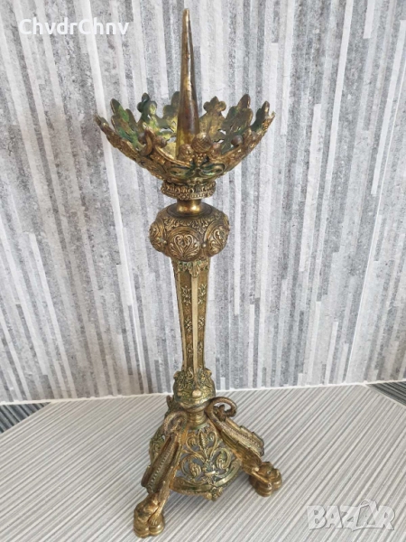 46см-3кг стар френски църковен бронзов свещник с фигури-гаргойли, снимка 1