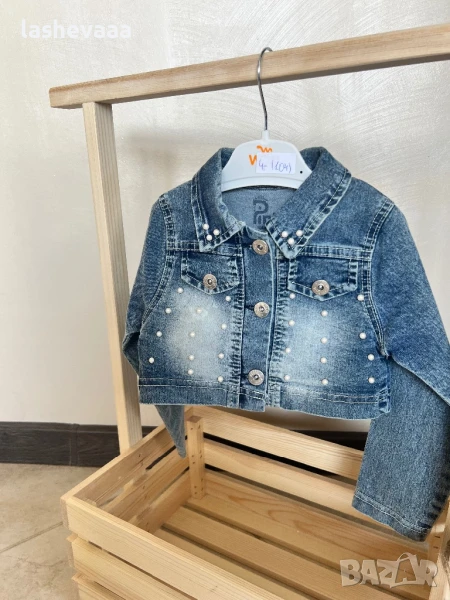 Детско дънково яке с бели перли, снимка 1