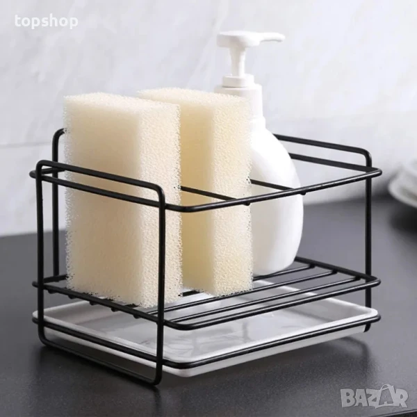 НОВ държач за кухненски прибори, метален, за кухня и баня с корито за оттичане, лепиенка..., снимка 1