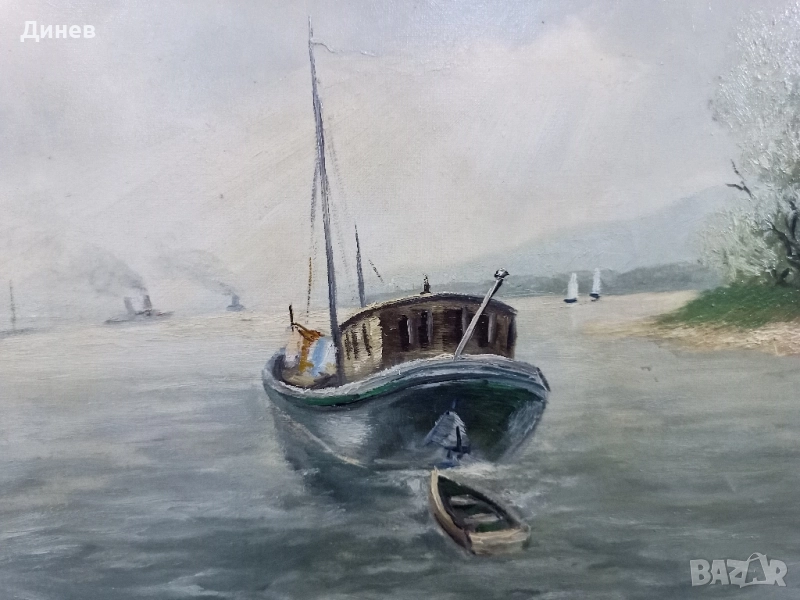 Атмосферна маслена картина "Пейзаж с лодка" (Regehbar '86) - 68x88 см, снимка 1