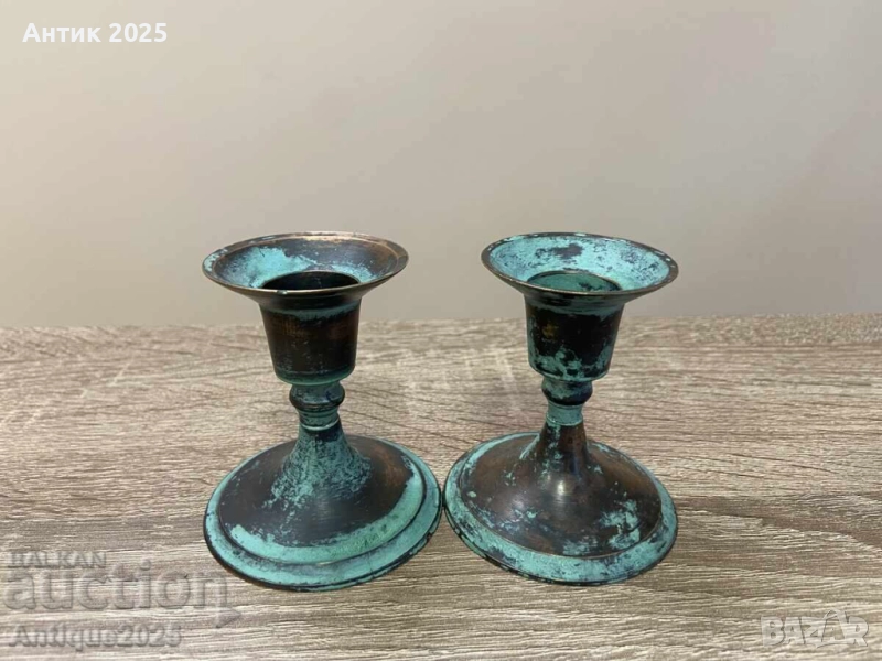Старинни месингови свещници, комплект от два броя, снимка 1