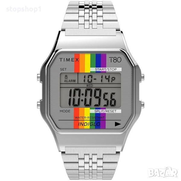 Часовник Timex T80 34 mm – сребрист цвят с Pride Ranbow и гривна от неръждаема стомана, снимка 1
