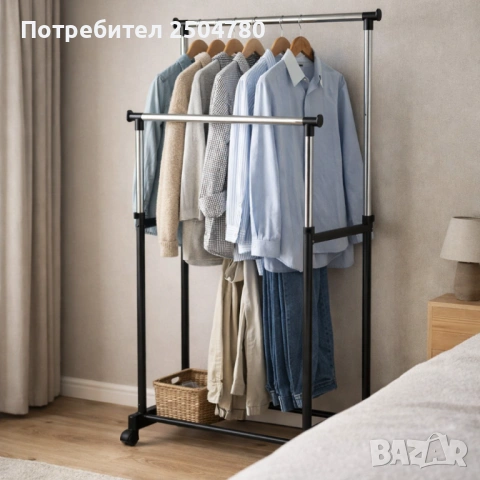 Двойна стойка за дрехи на колела - лесно преместване и повече място за дрехи, снимка 2 - Портманта - 53948543