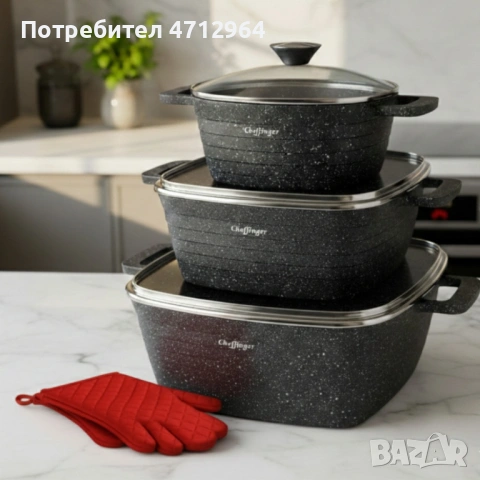 Комплект тенджери – Cheffinger от 3 части с мраморно покритие и капаци + подарък 2 ръкавици, снимка 3 - Други - 53145164