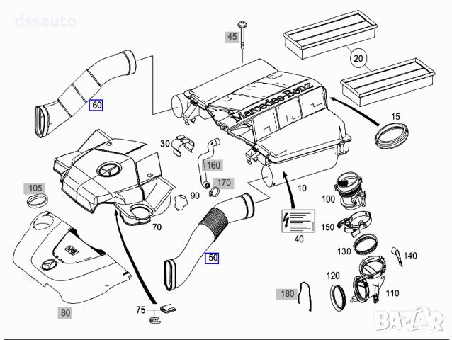 Комплект нови оригинални въздуховоди E500 E55 CLS500 CLS55 AMG A1130942282 A1130942182, снимка 2 - Части - 46713935