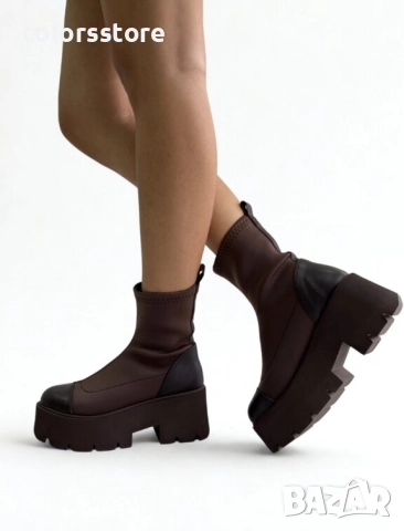 Боти на платформа - кафяв неопрен и кожа - LT50 