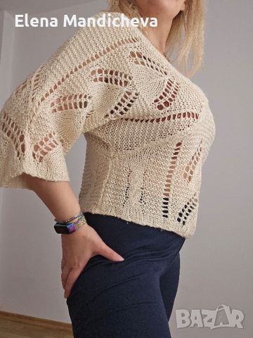 Лек и мек плетен пуловер блуза топ на дупки с V-образно деколте L XL размер, снимка 2 - Блузи с дълъг ръкав и пуловери - 45792463