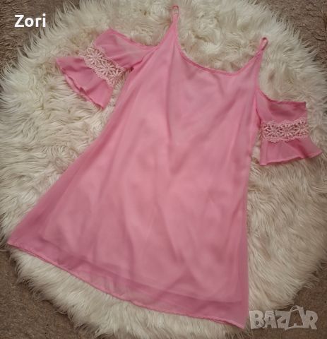 РАЗКОШНА рокличка в нежен розов шифон с леко отворен гръб, снимка 1 - Рокли - 46125179