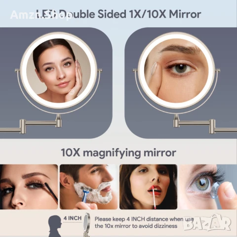 Rocollos Акумулаторно огледало за баня за грим с Led осветление 10X, снимка 4 - Огледала - 51097419