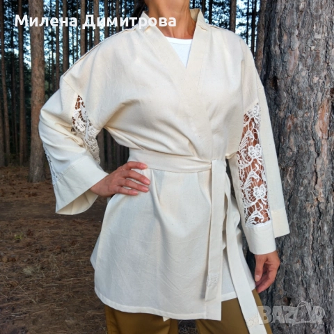 Ленено кимоно / Кимоно от американ и дантела ръчна изработка , снимка 15 - Сака - 48845116