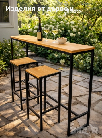 Бар маса с два стола метал и масив дърво стилна и здрава , снимка 6 - Маси - 52896182
